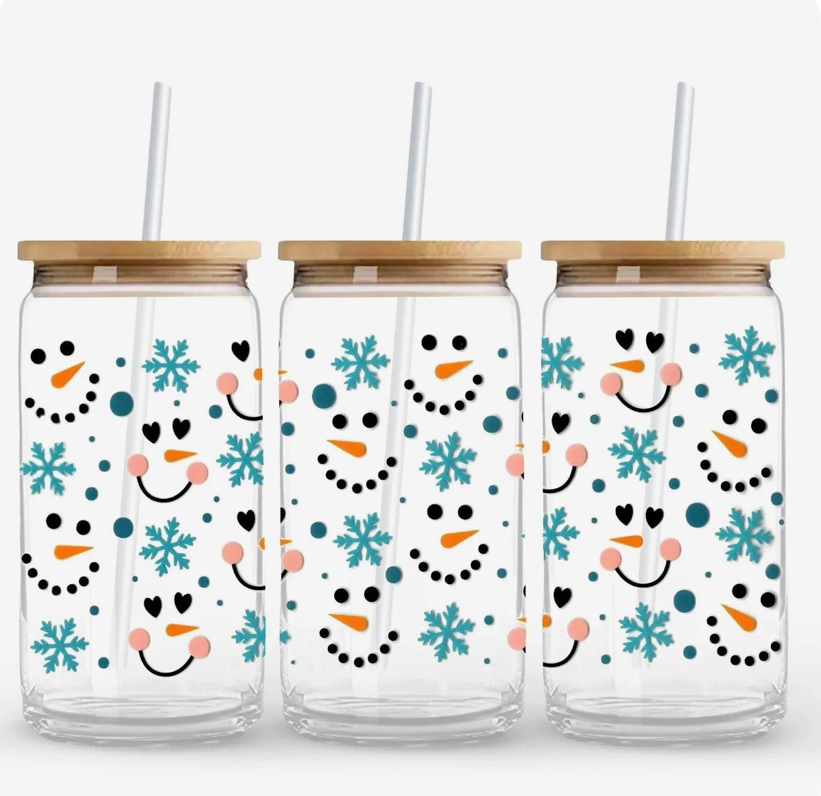 Cheerful Snowmen Glass Can Cup – 16oz