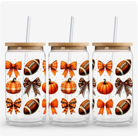 Fall Leaves & Football Glass Can Cup – 16oz