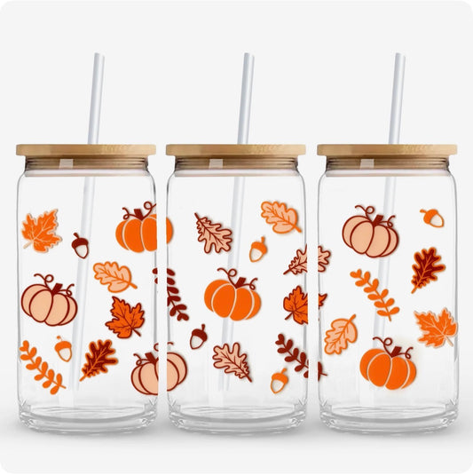 Fall Pumpkins & Leaves Glass Can Cup – 16oz