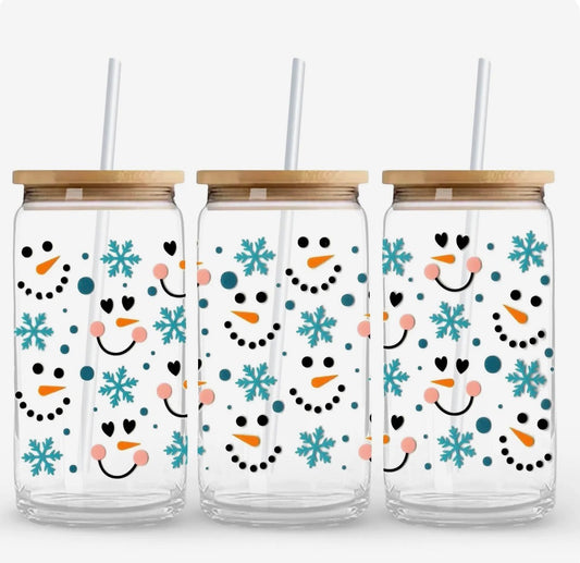 Cheerful Snowmen Glass Can Cup – 16oz